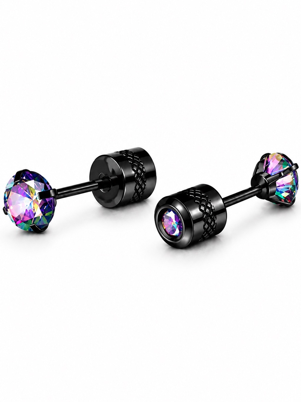 Black Rainbow CZ Double Ended Stud Earrings Stainless Steel Screw Back 5mm